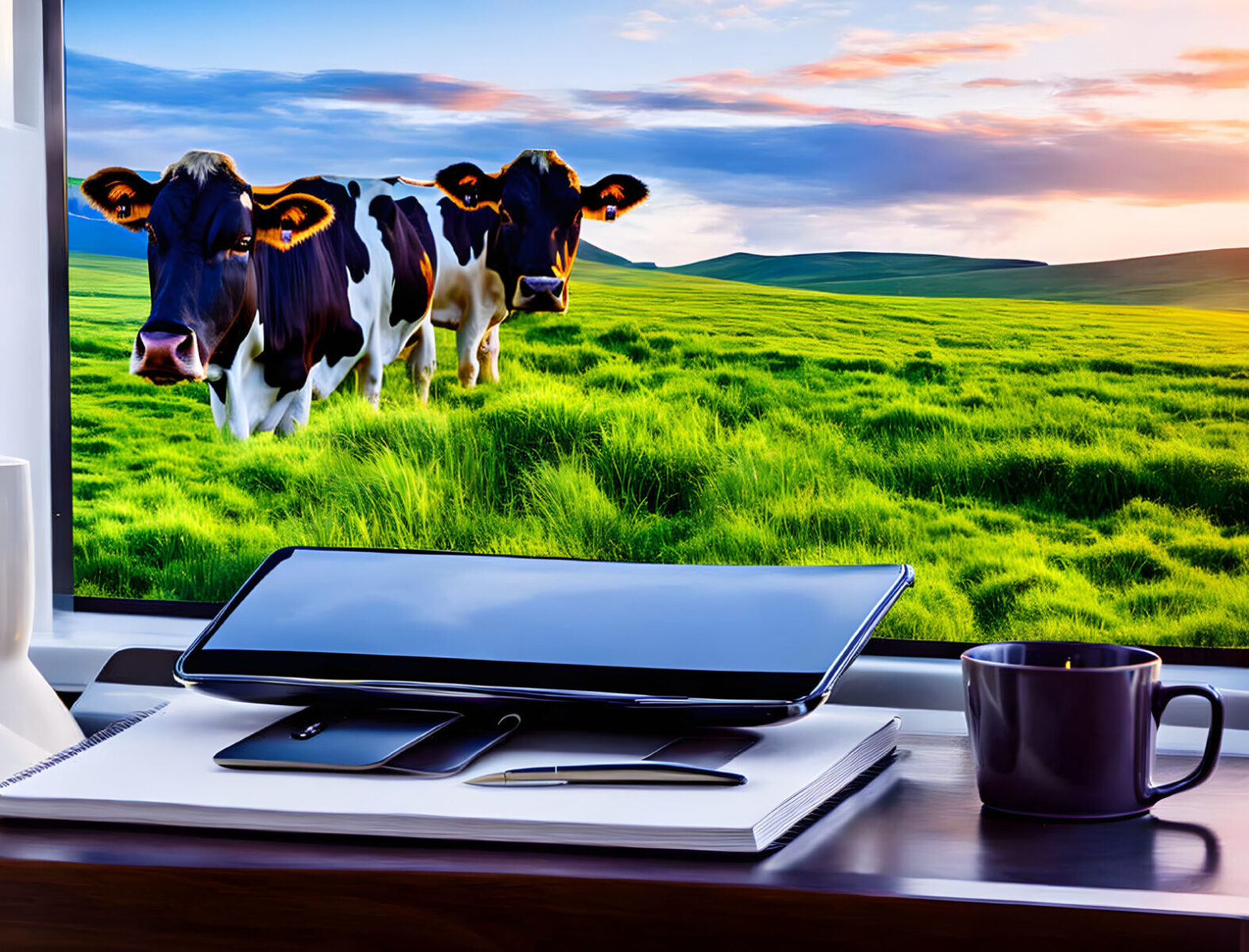 diary dairy write a journal on a computer at office cows on screensaver