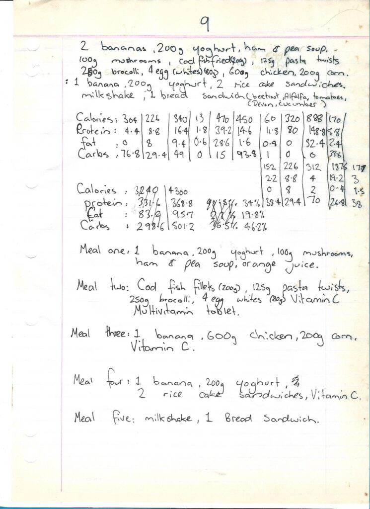 Original Handwritten Meal Plan April 11, 1996