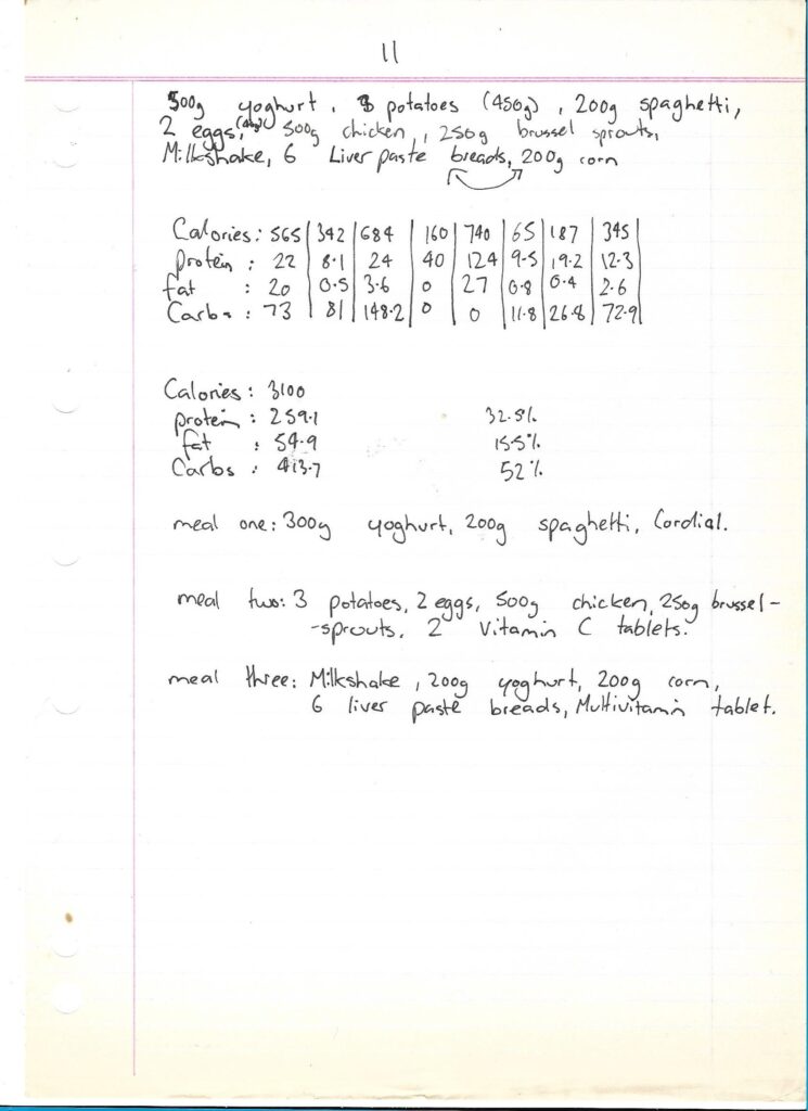 Original Handwritten Meal Plan April 14, 1996