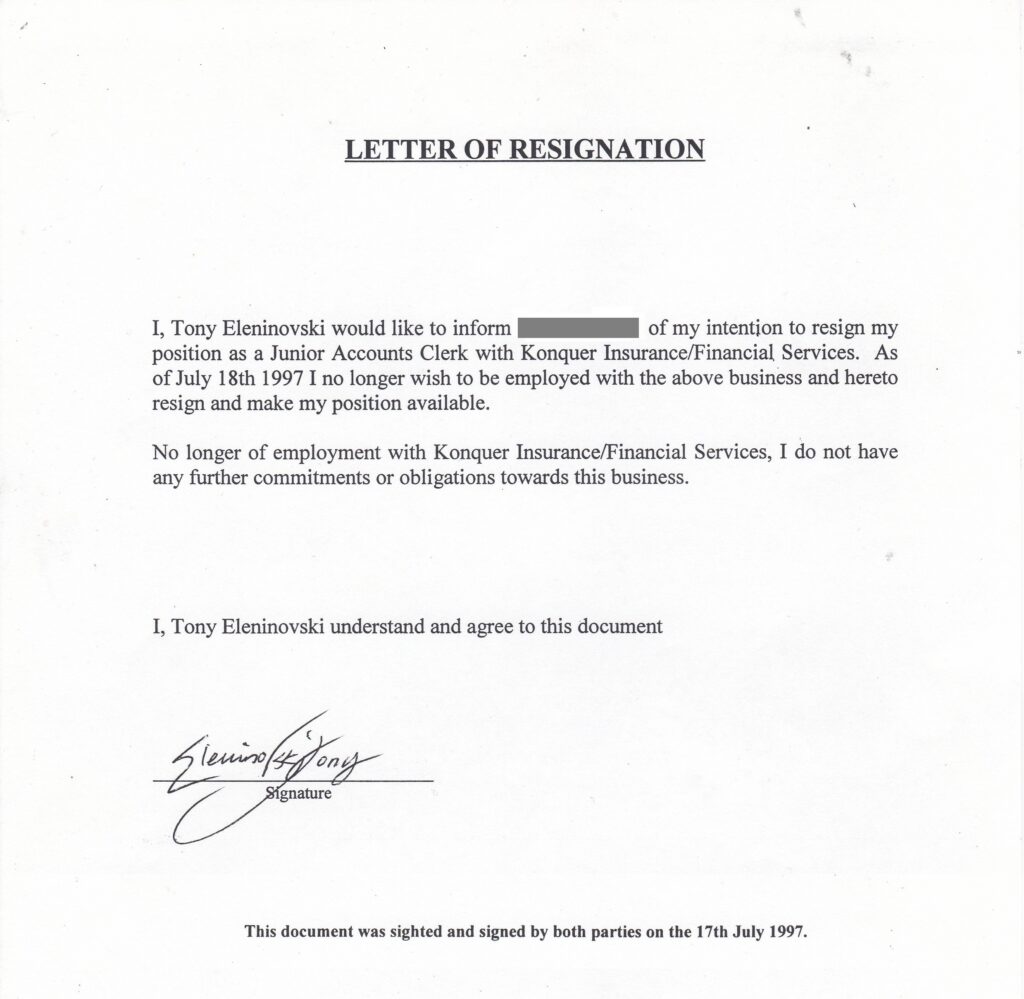Konquer Insurance Resignation Letter July 1997