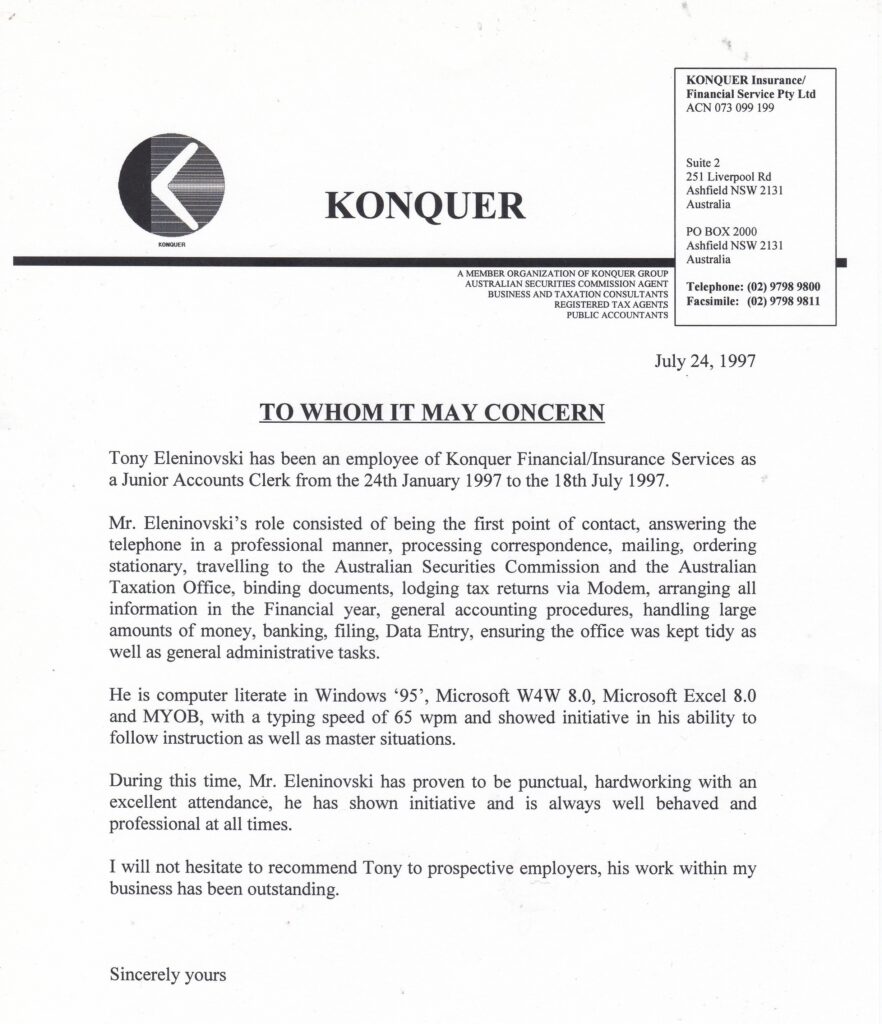 Professional Reference Letter Written At Konquer Insurance