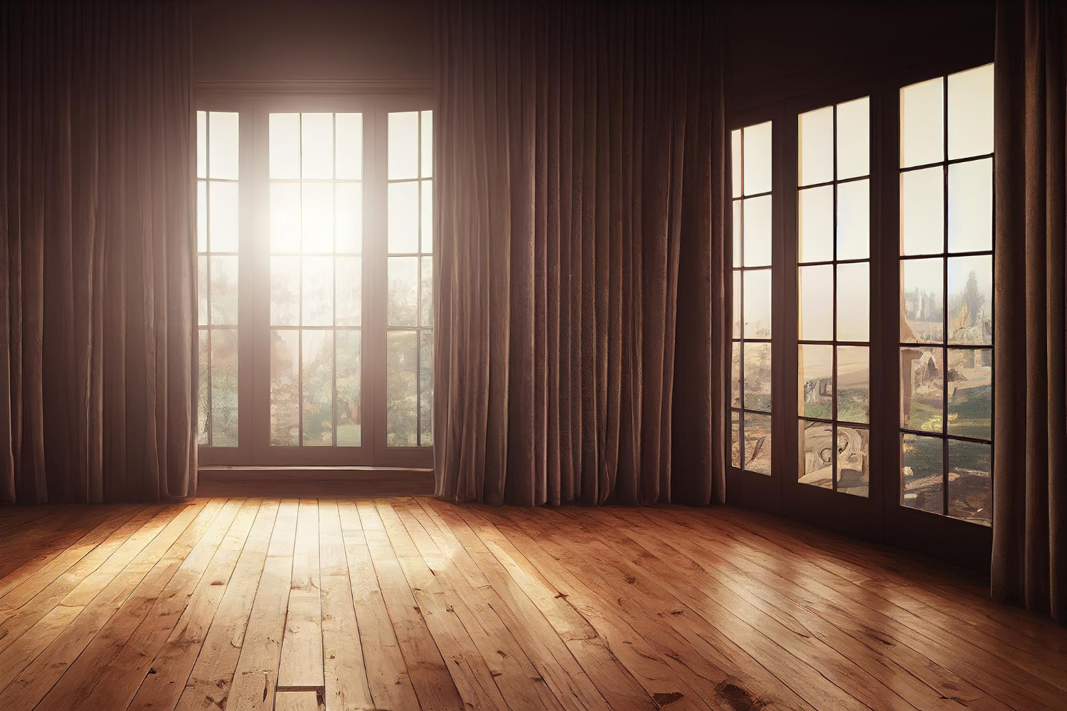 illustration empty room wood laminate floor with sun light from window