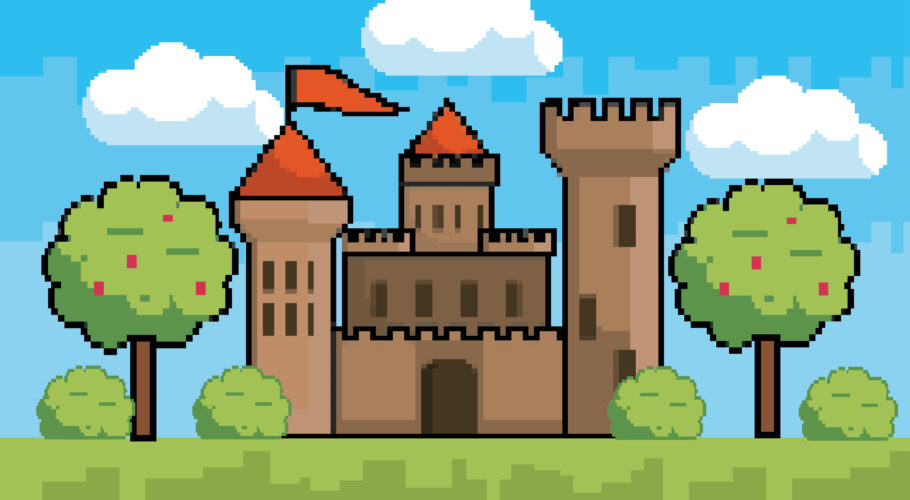 Arcade game world and pixel scene design vector illustration