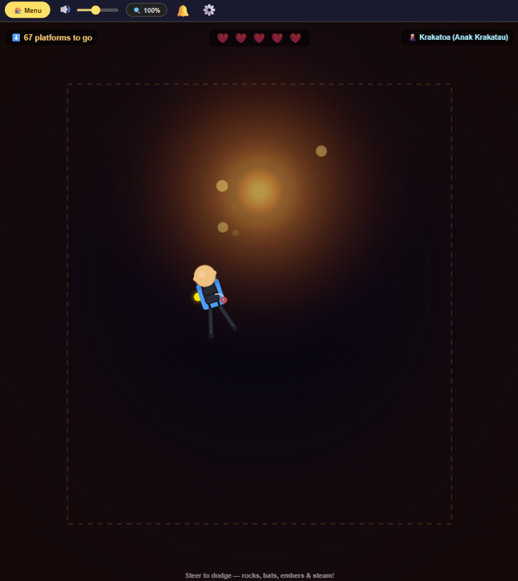 Floor Is Lava screenshot - Parachute-Down Mode, freefall near the volcano
