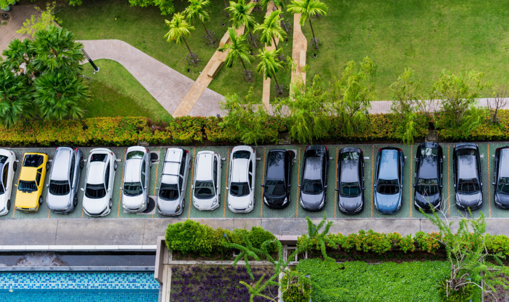 aerial top view parking lot western country