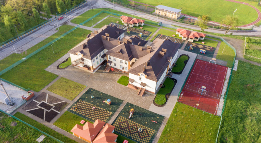 aerial view new prescool building residential rural area
