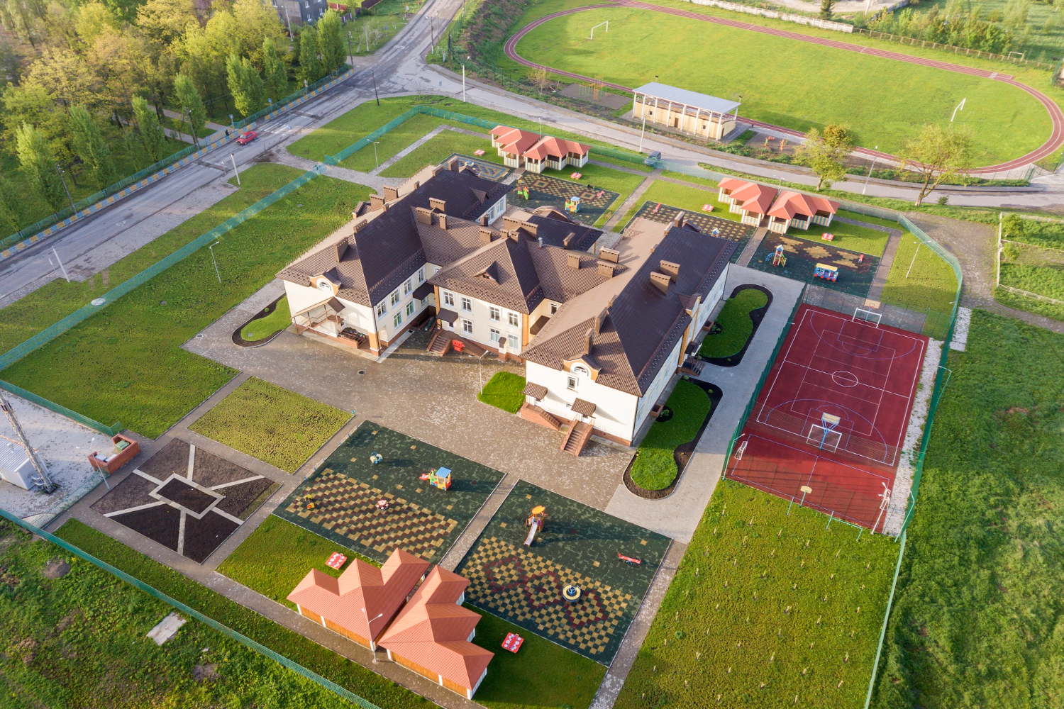 aerial view new prescool building residential rural area