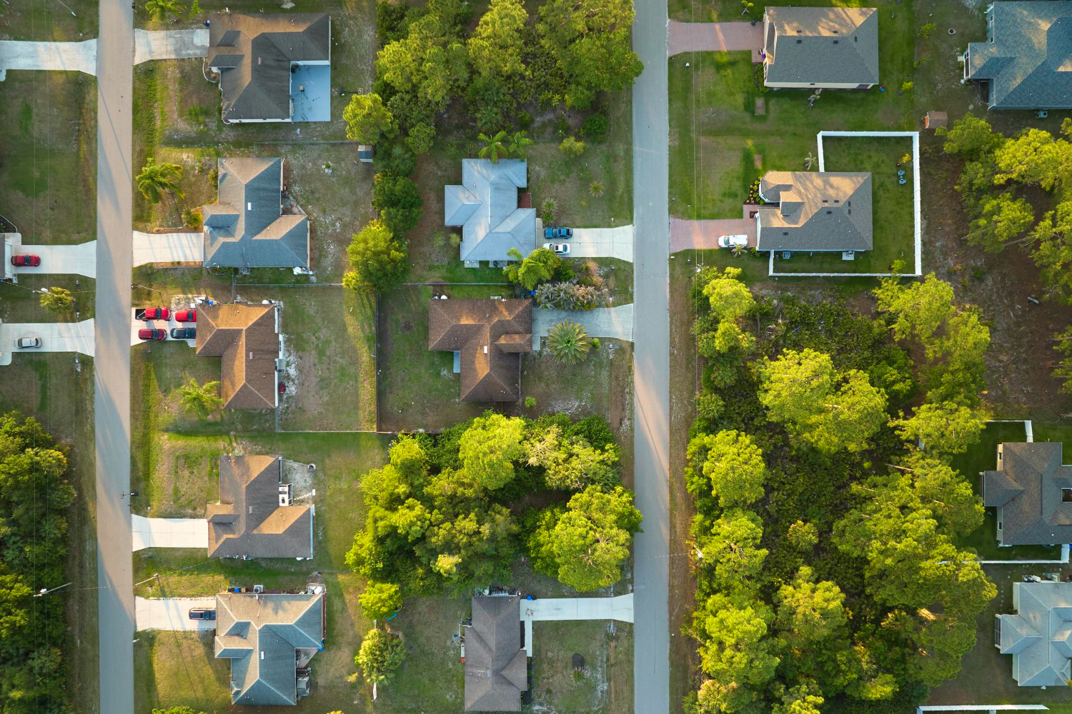 aerial view suburban landscape with private homes green palm trees quiet residential area