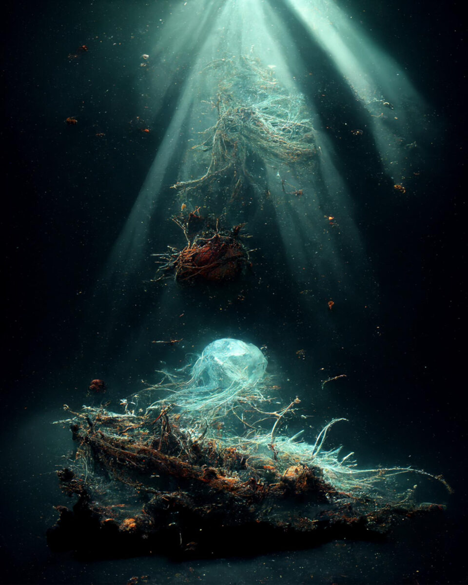 illustration jelly fish shipwreck deep blue sea