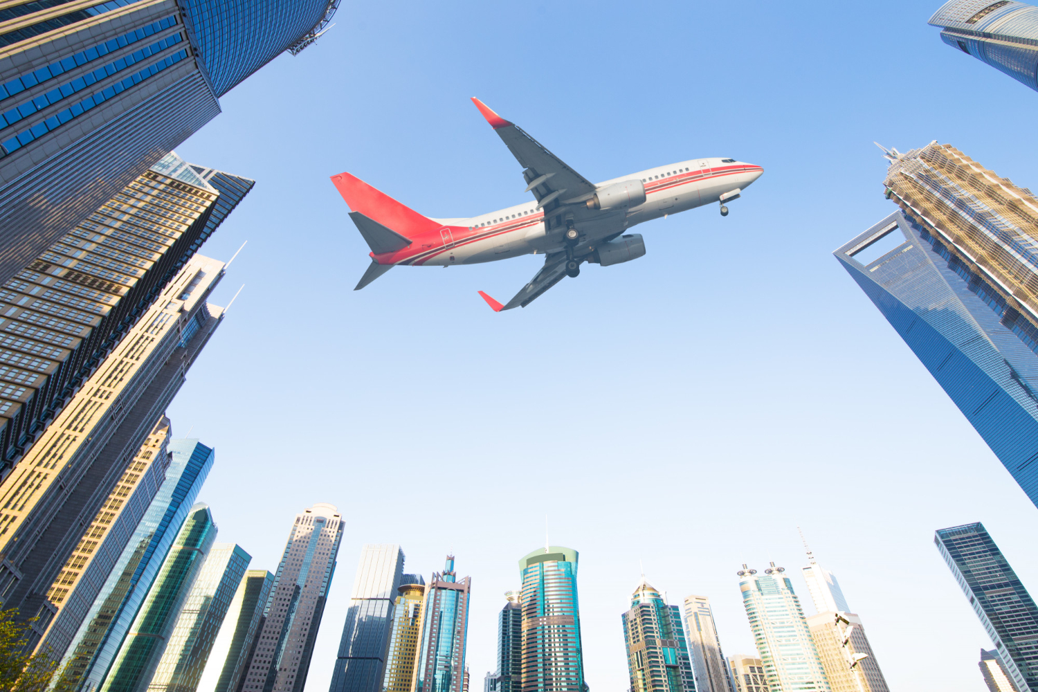 aircraft with shanghai skyline lujiazui financial center china