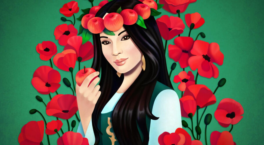 asian girl with apples red flowers green female character