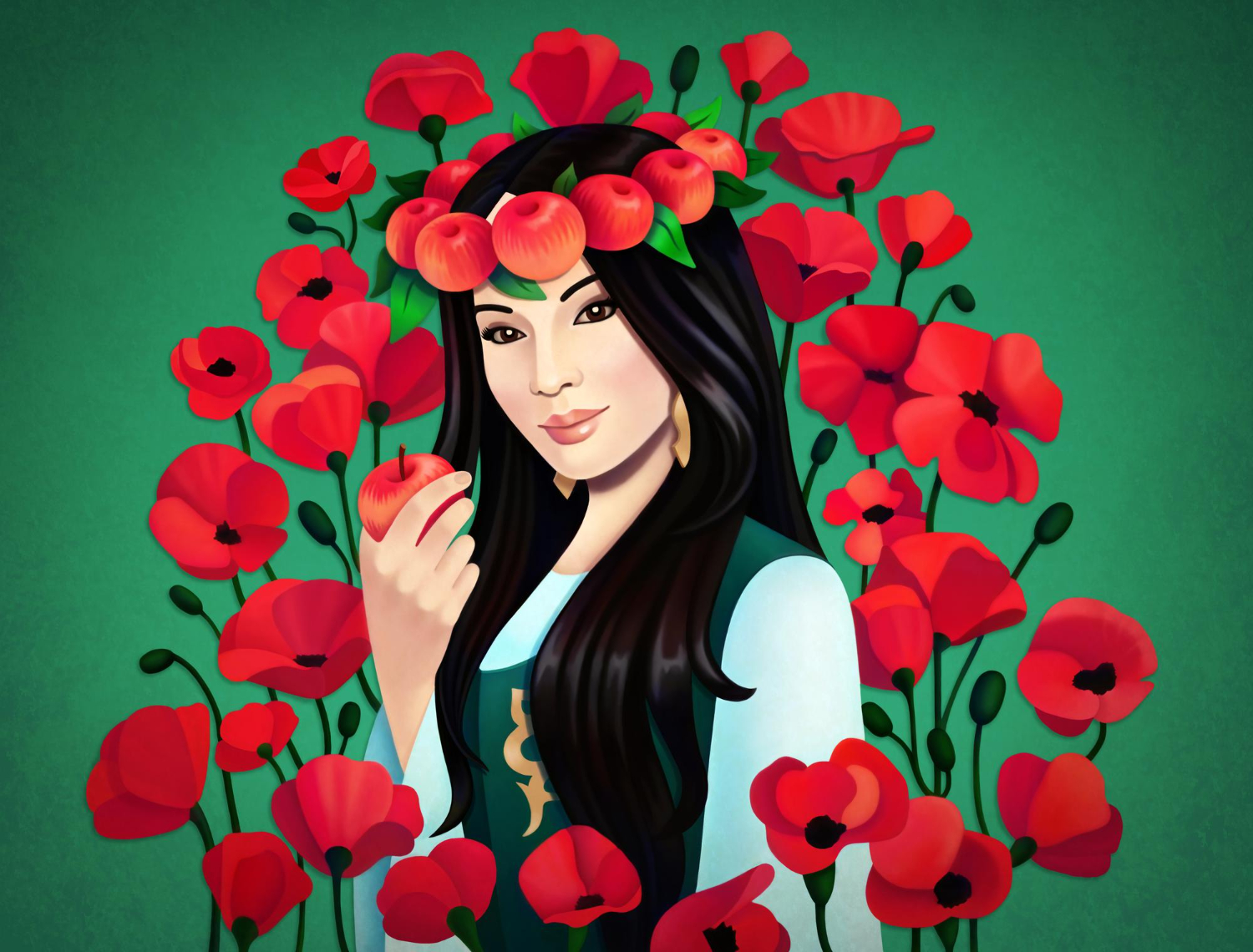 asian girl with apples red flowers green female character