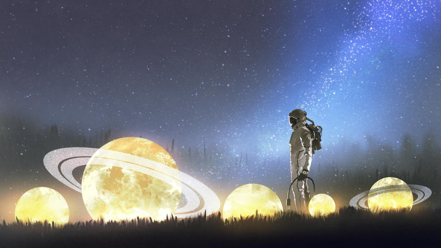 astronaut looking stars grass digital art style illustration painting