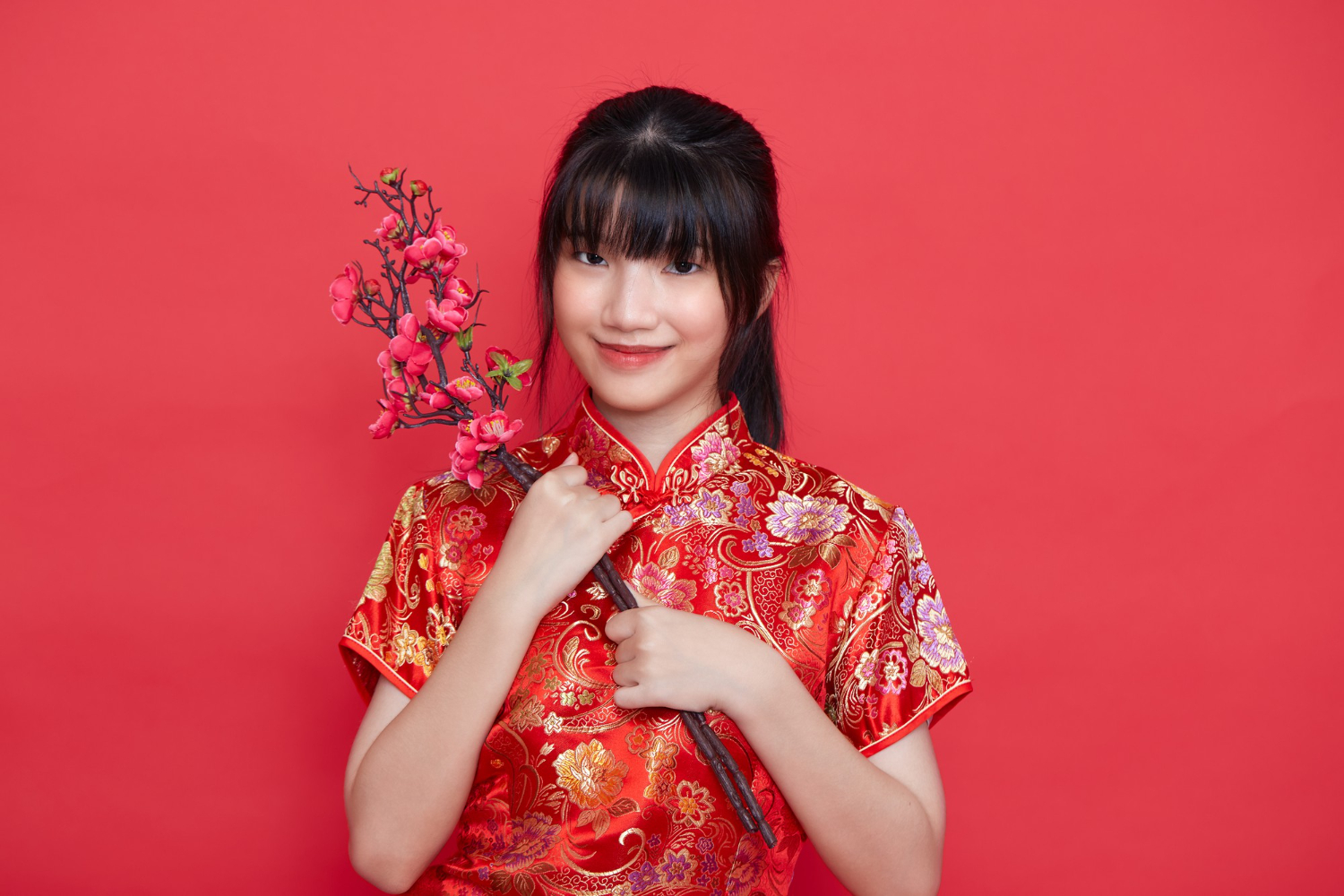 beautiful asian woman in red traditional chinese dress holding sakura branch