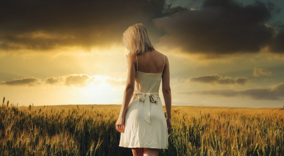 beautiful blonde girl wheat field sunset time jewell