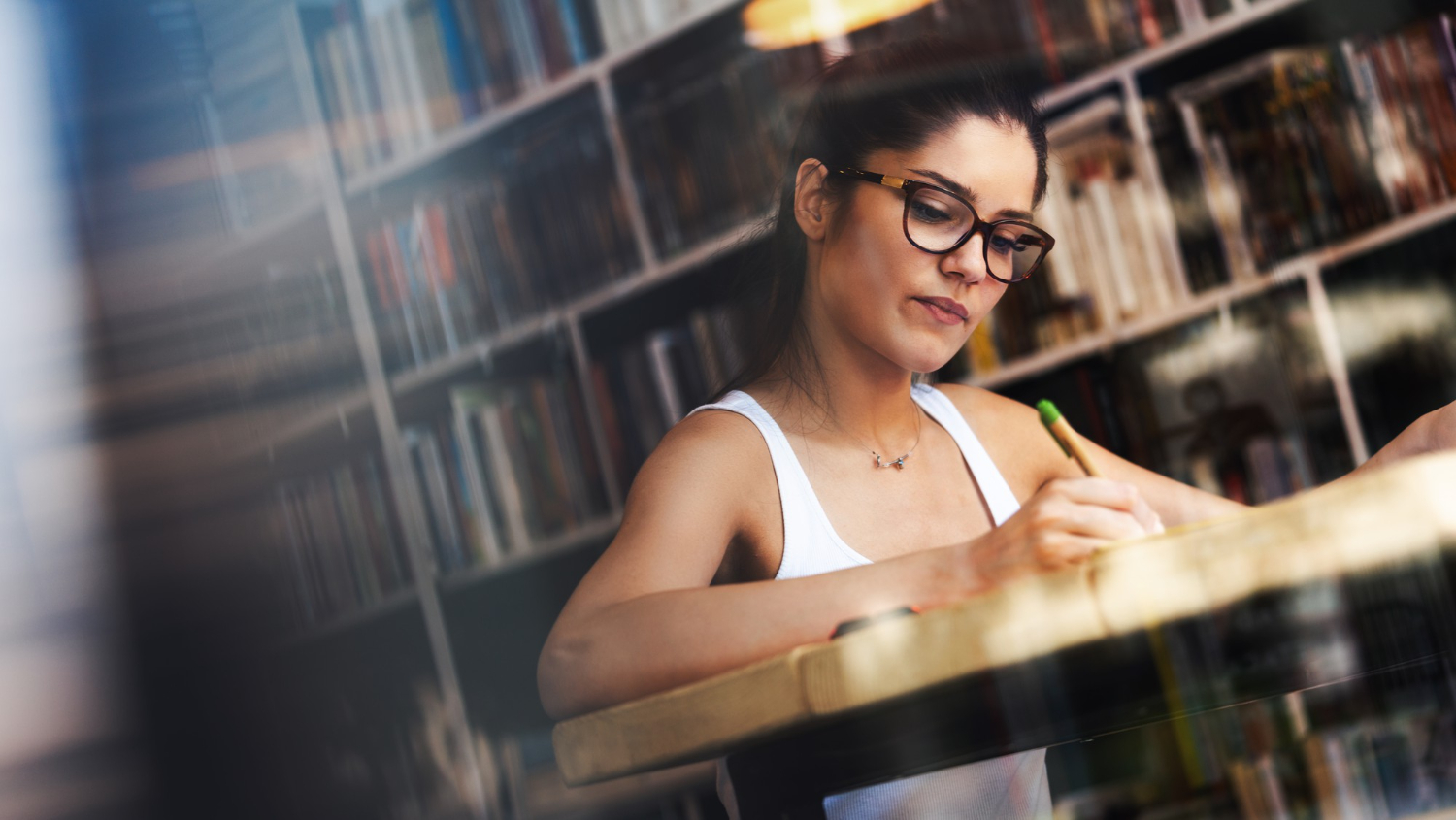 beautiful happy student girl studying reading book home