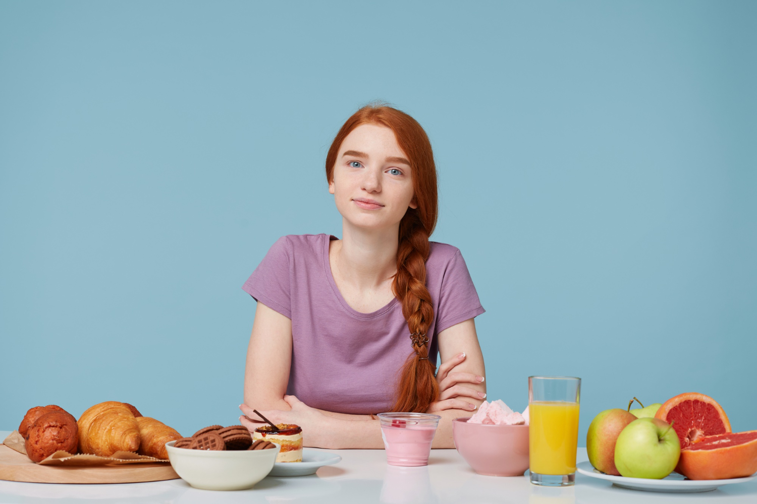 beautiful red haired girl with braided hair sitting table about eat breakfast kathryn