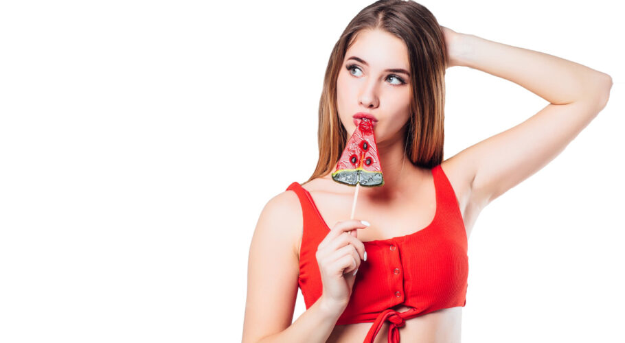 beautiful sexy brunette madlyn woman eating watermelon