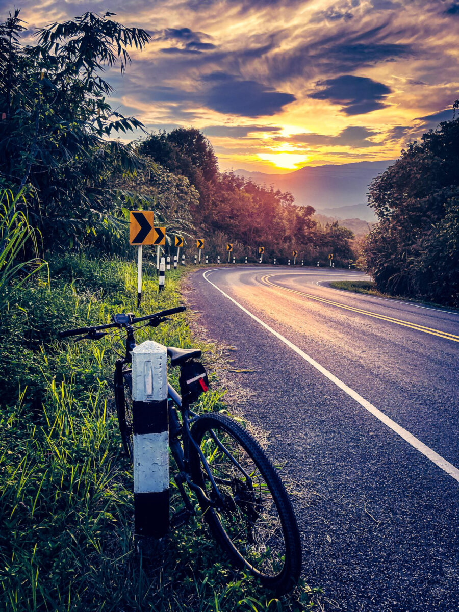 bicycle mountain road beautiful nature sunset light riding bike