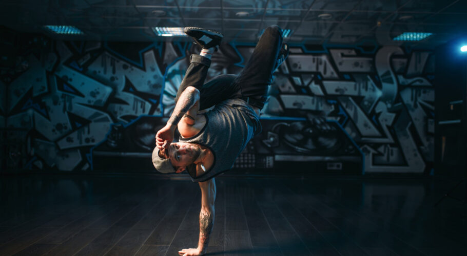 breakdance performer posing dance studio