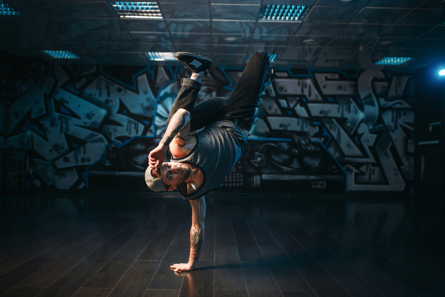 breakdance performer posing dance studio