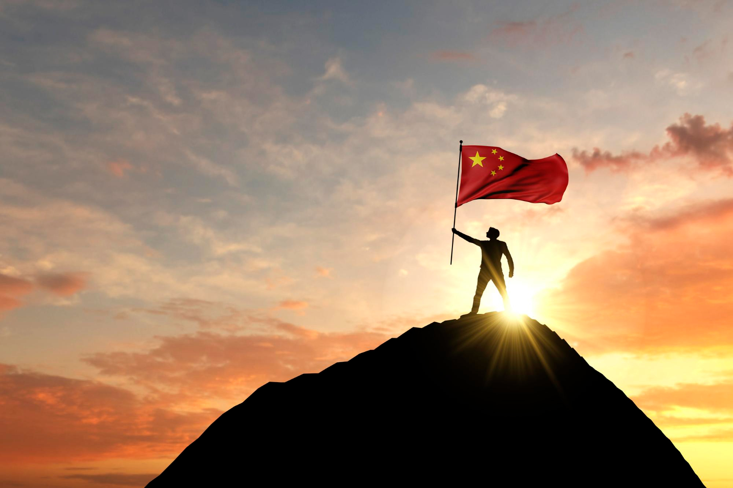 chinese flag being waved top mountain summit patriotic