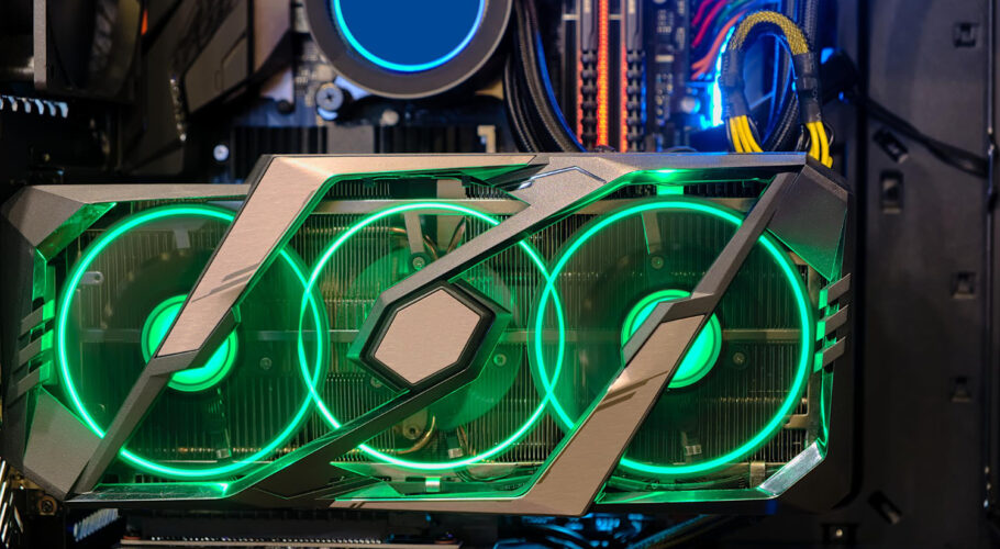 closeup high performance graphic card with cooling fan multicolor led rgb light show status