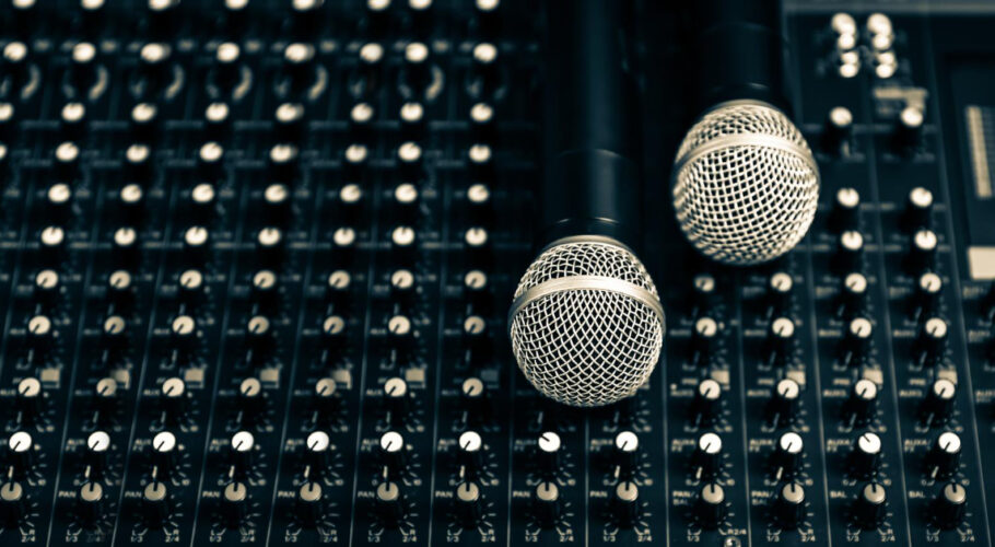 closeup microphone sound mixer studio sound record