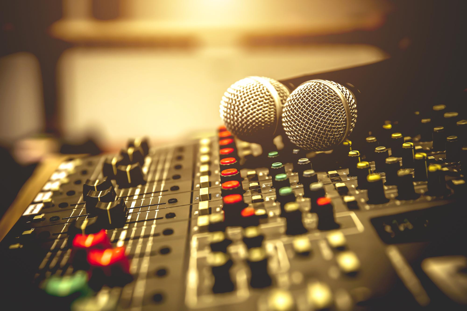 closeup microphone sound mixer studio sound record control system audio equipment music instrument
