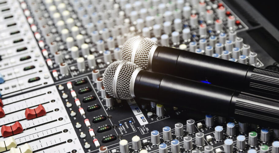closeup microphone sound mixer studio sound record control system audio equipment music instrument