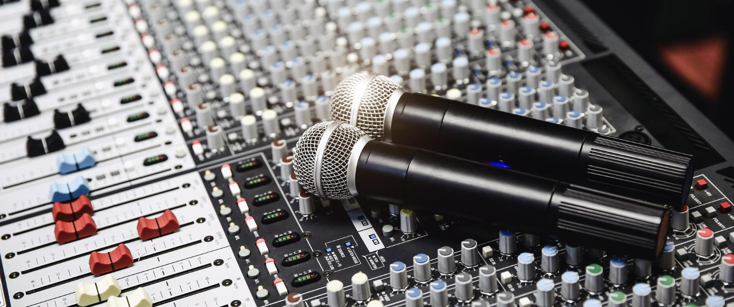 closeup microphone sound mixer studio sound record control system audio equipment music instrument