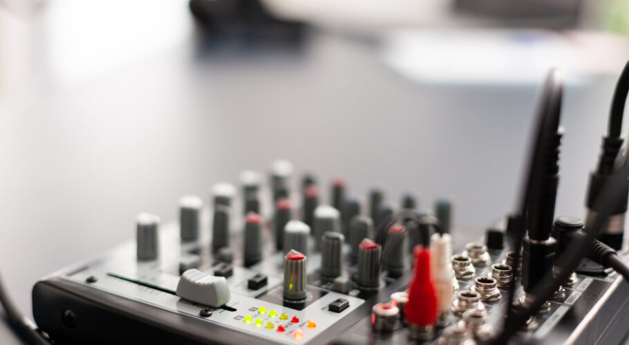 closeup station recording speaking during production microphone professional home studio with modern equipment