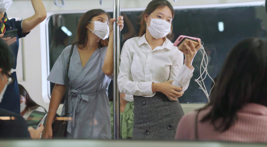 crowd people wearing face mask crowded public subway train travel metro in china)