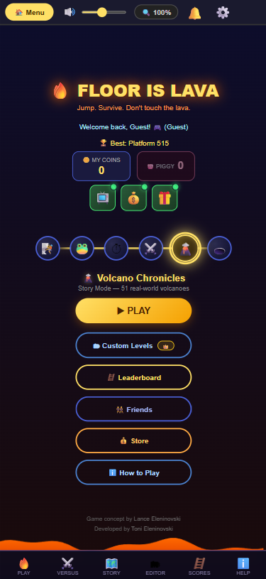 Floor Is Lava screenshot - main menu, June 2, 2026