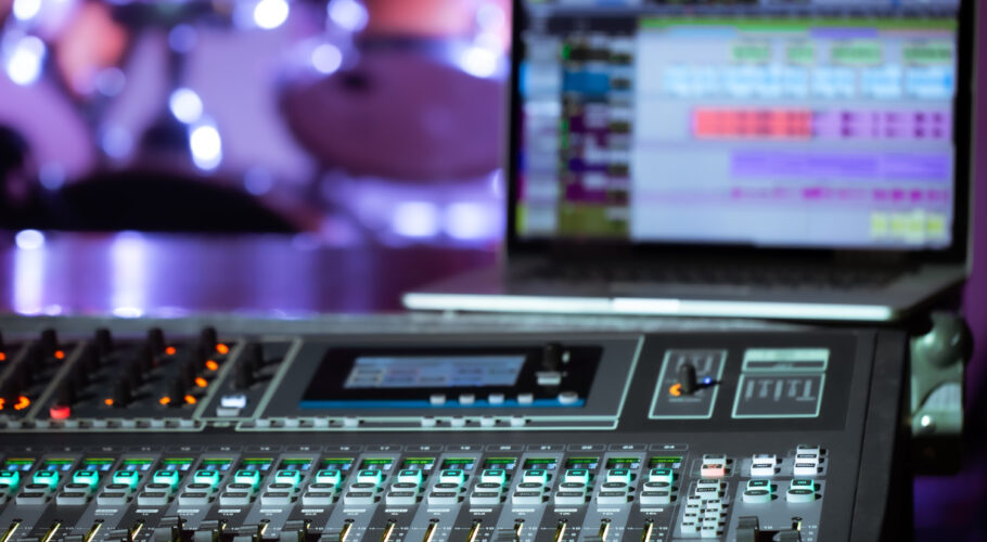 digital mixer recording studio with computer recording music concept reativity show business space text