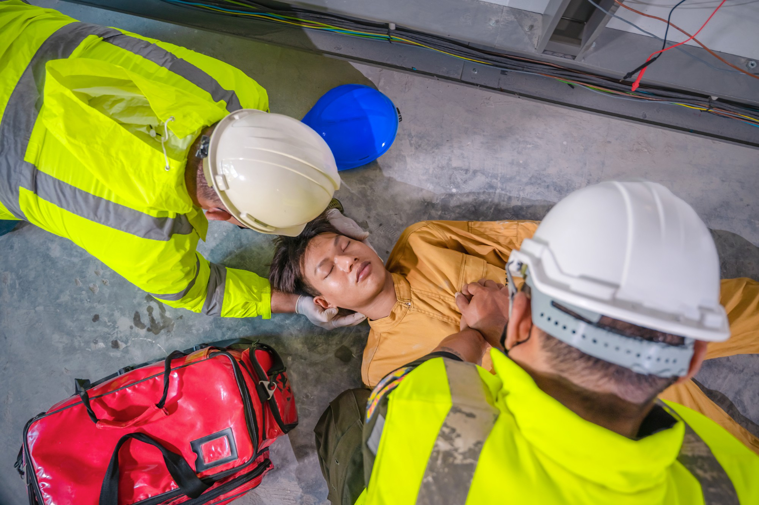electric worker suffered electric shock accident unconscious safety team cpr first aid accident control room factory