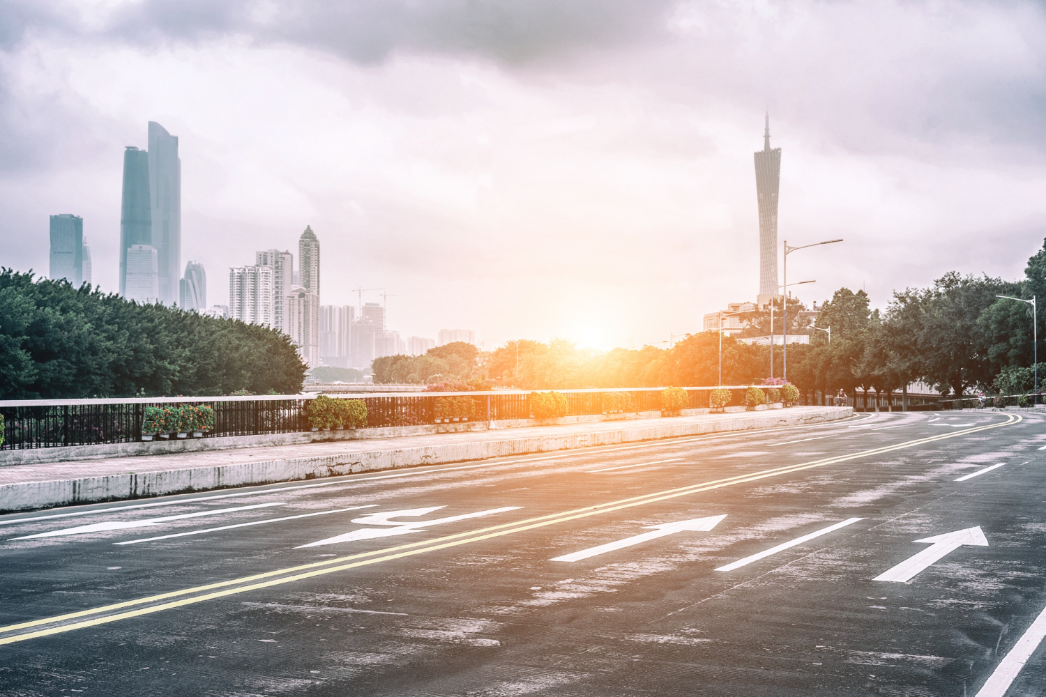 Emptry Road In China Guangzhou Looking Towards Guangzhou Tower