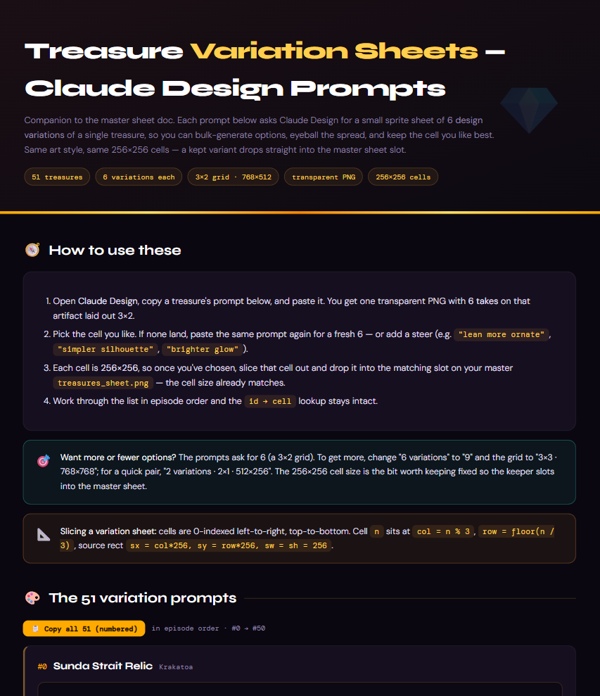 Treasure Variation Sheets - Claude Design prompt companion doc