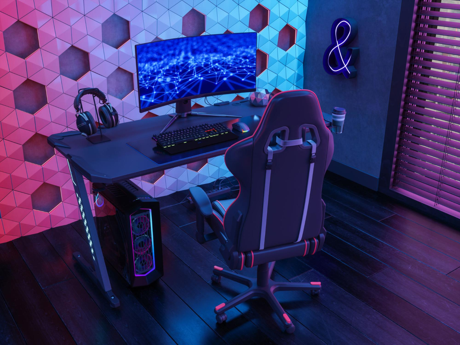 gamer room with gaming chair computer monitor neon lights night