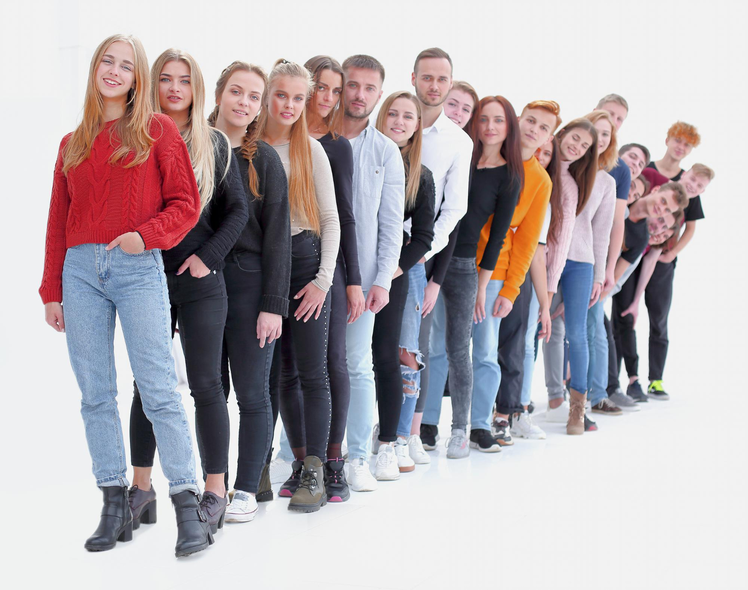 group diverse young people standing queued in line