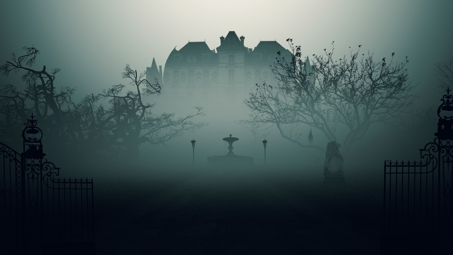 haunted house foggy mist in darkness