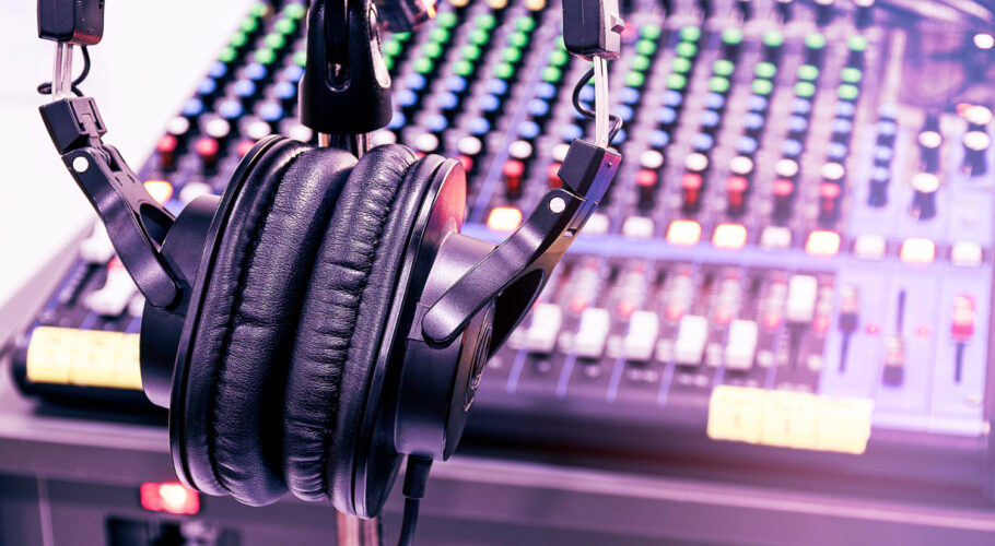 headphone tripod with mixer background sound control room