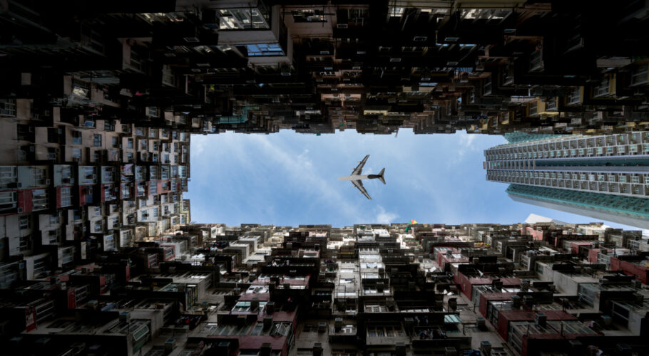 hong kong city residences area flying into china