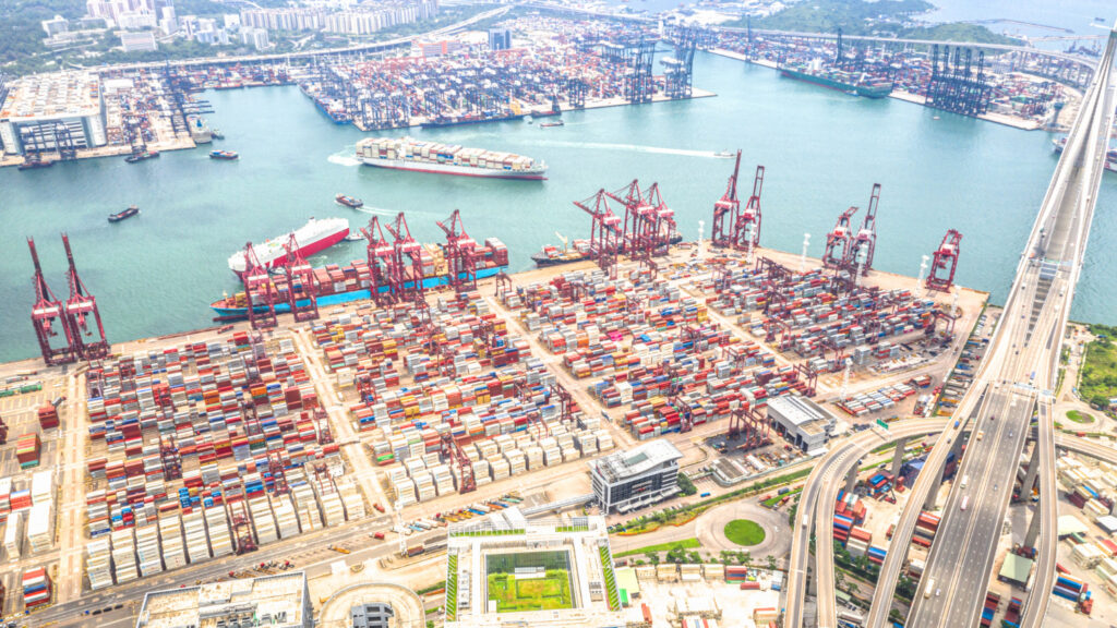 hong kong port industrial district with cargo container ships