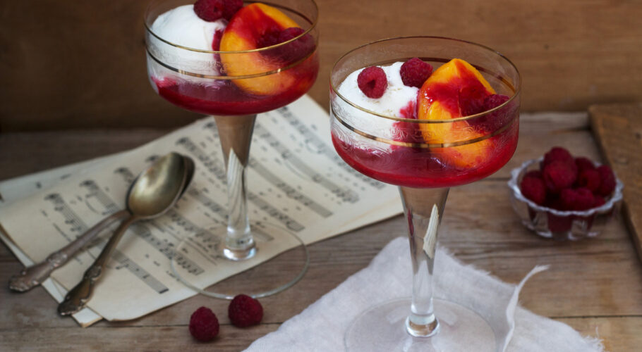 ice cream peach raspberry sauce dessert dedicated australian opera singer melba rustic style