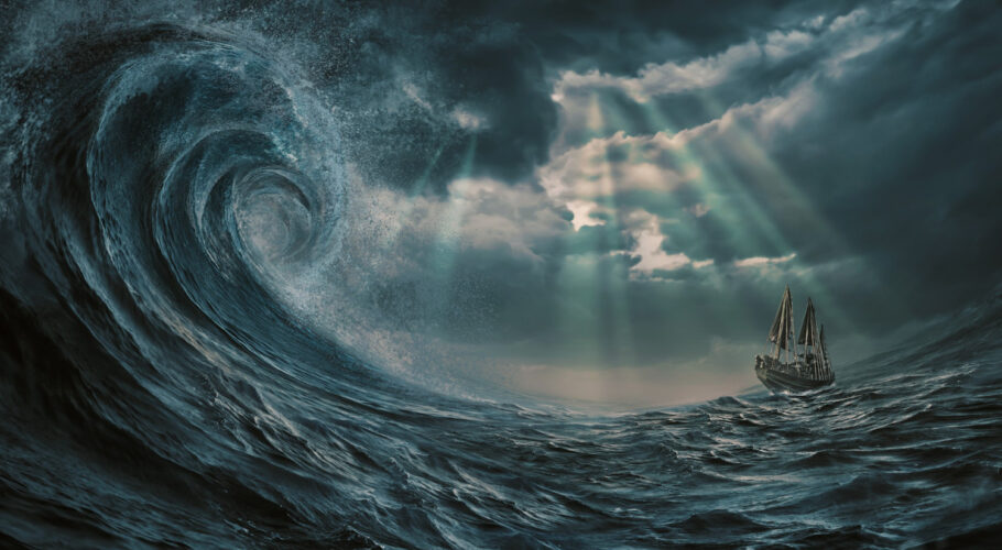 illustration ship storm gigantic waves