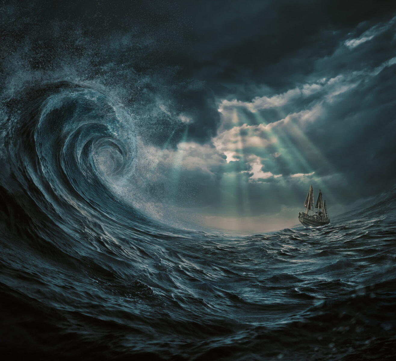 illustration ship storm gigantic waves