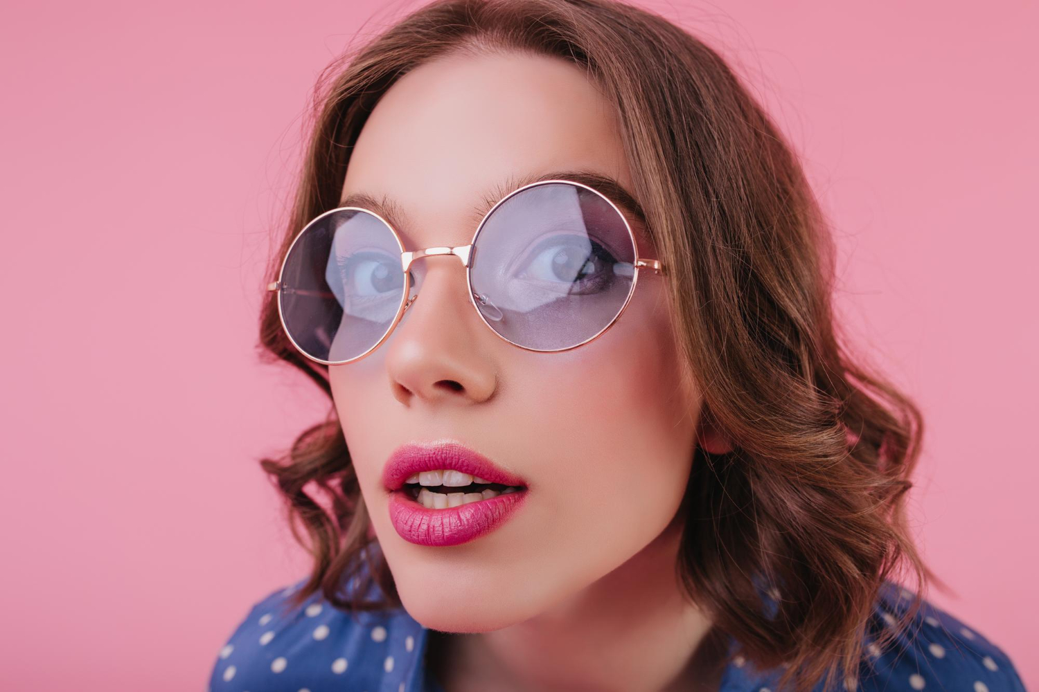 lady with pink lips posing with mouth open stunning european female model sunglasses