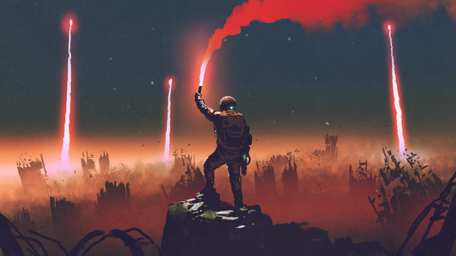 man holds red smoke flare up air standing against apocalypse world digital art style illustration-painting
