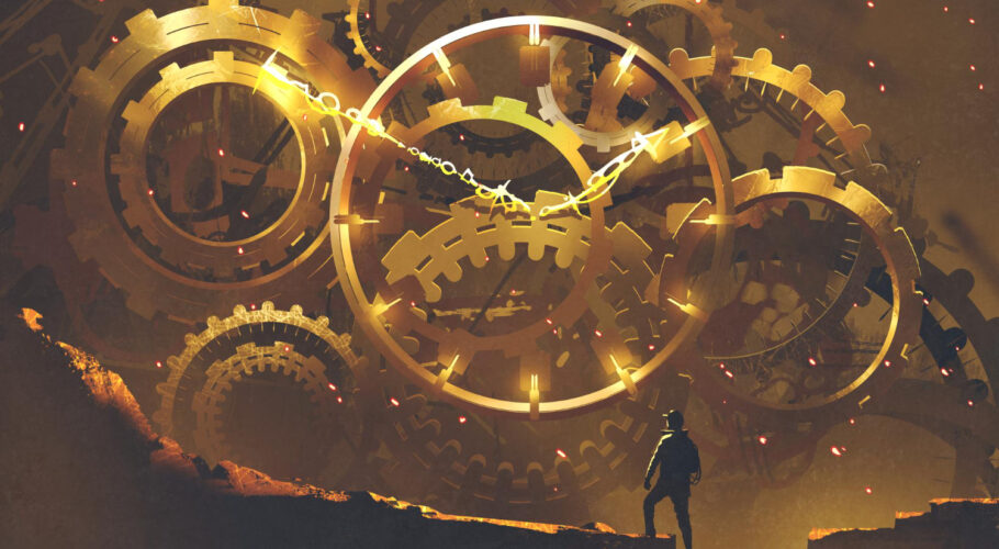 man standing front big golden clockwork illustration painting